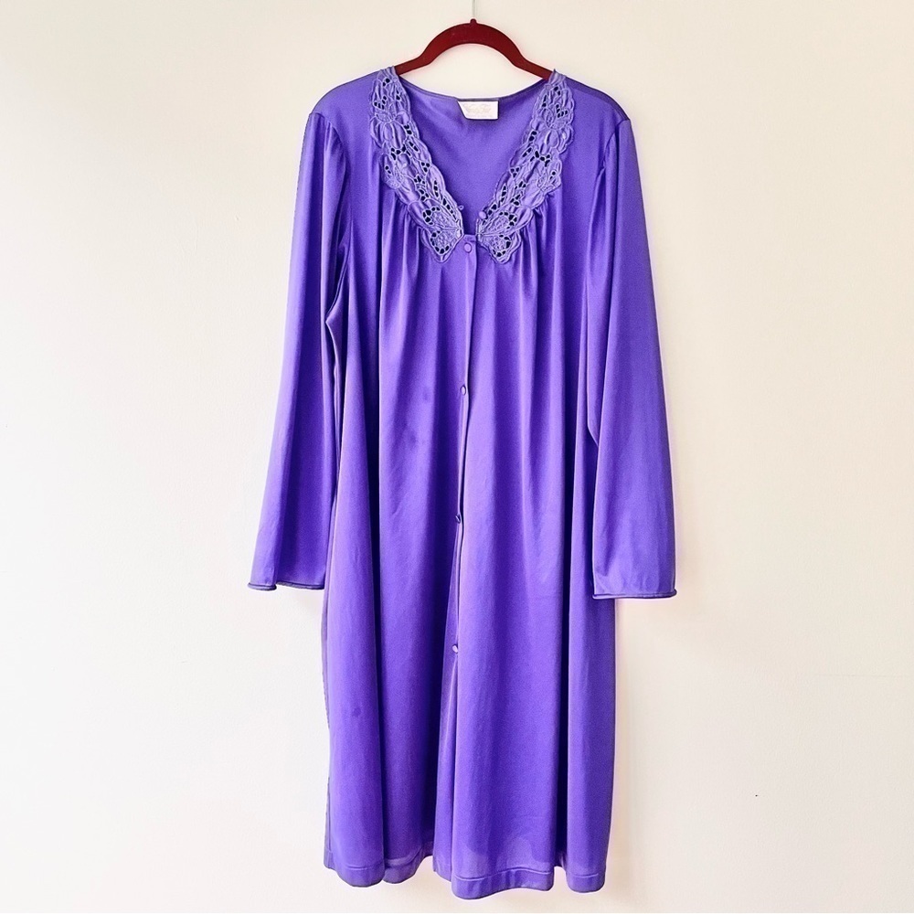 Vanity Fair Chemise XL Slip Vintage Satin Royal Purple Fabric Buttons Embroidery